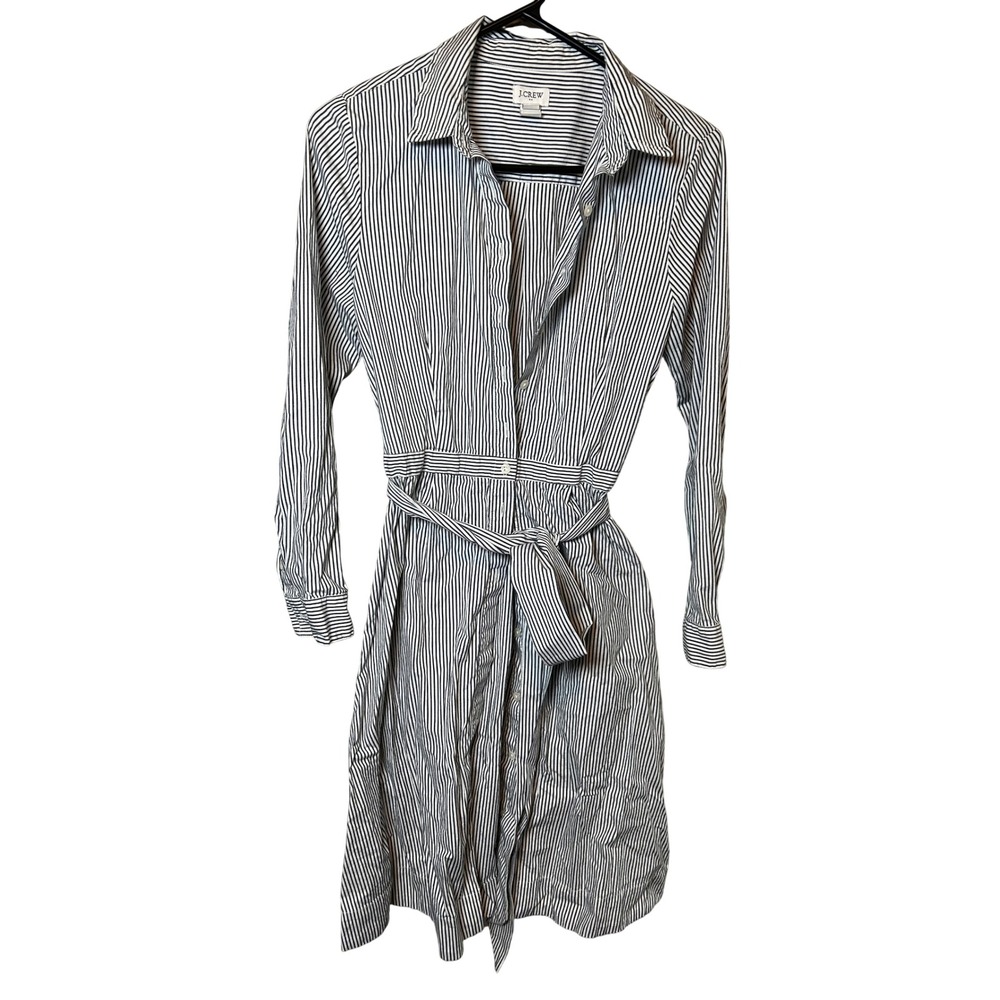 J.Crew Shirt Dress Women's 6 Black White Striped Long Sleeve Belted Knee Length